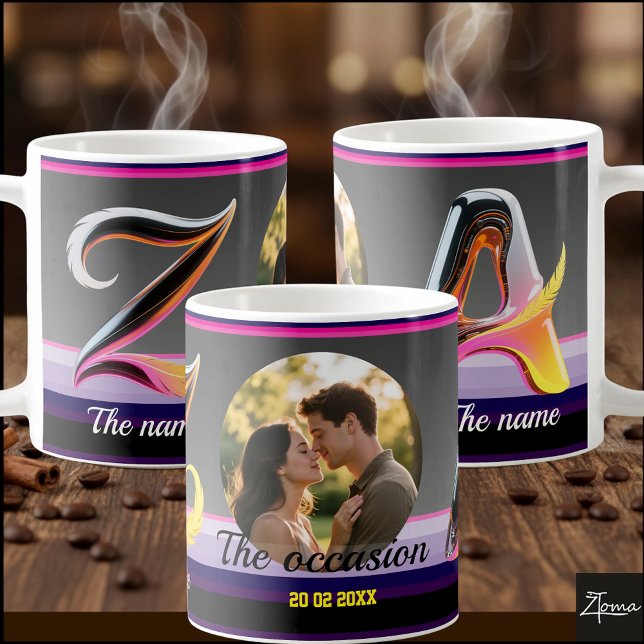 Caneca De Café 2 letras, 2 nomes, uma ocasião, uma imagem e data (EDIT to change the occasion, names, date, & picture & also choose from 26 decorative characters.)