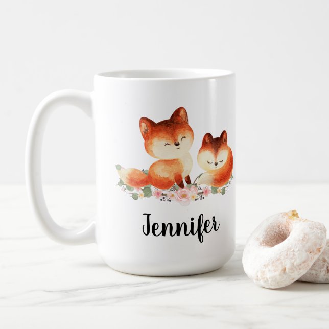 Caneca De Café 2 Raposas Vermelhas Cachorras Design (Com Donut)