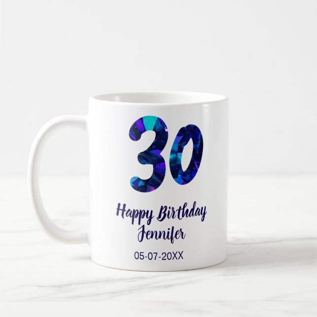 Caneca De Café 30th birthday add name date year blue sparkle  (Esquerda)