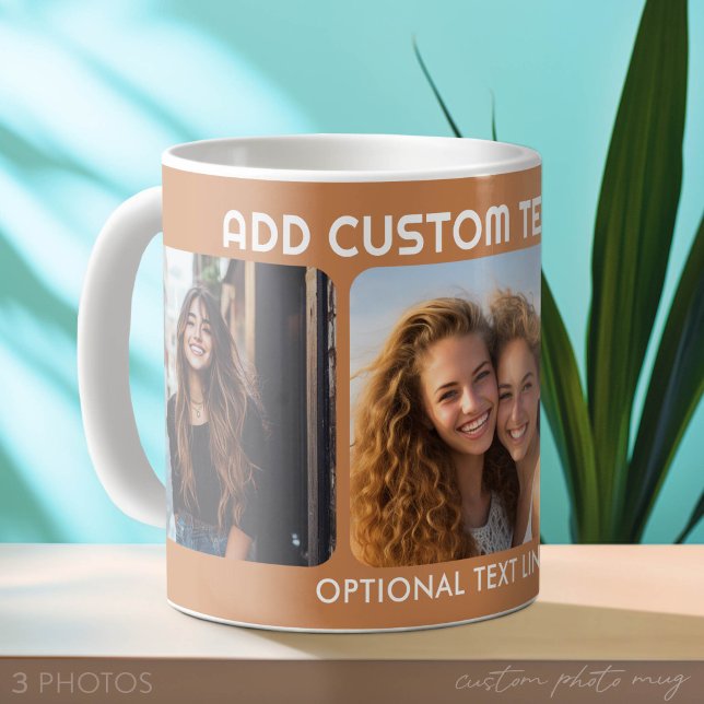 Caneca De Café 3 Colagem de Fotos com 2 espaços para Texto (Custom Photo Mug with 3 Photos)