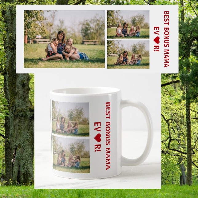 Caneca De Café 3 Fotografias Melhor Bônus Mama Ever Colagem de Fo (Best Bonus Mama Ever, heart. Photo collage, 3 personalized photos. Elegant, Minimalist Mother's Day)