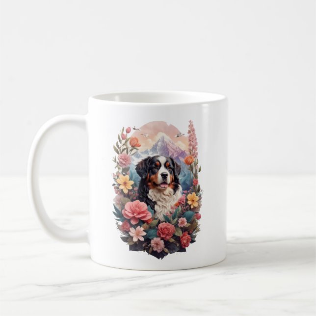 Caneca De Café 3D Fantasia Floral Bernese Mountain Dog Birds Ver (Esquerda)