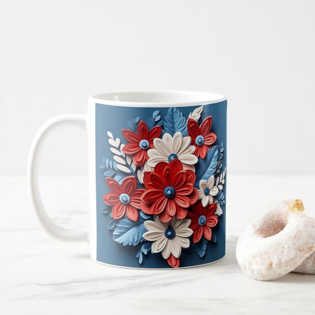 Caneca De Café 3D Parecendo Flores Patrióticas Impressas (Com Donut)