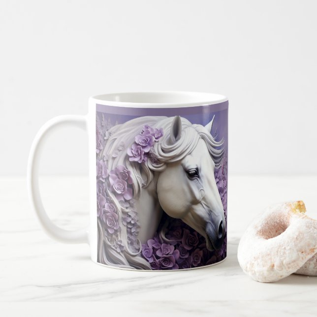 Caneca De Café 3D Parecendo Flores Roxas De Cavalo Branco Impress (Com Donut)