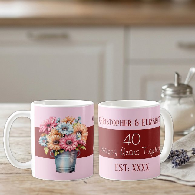 Caneca De Café 40º aniversário de rubi flores nomes rosa (Criador carregado)