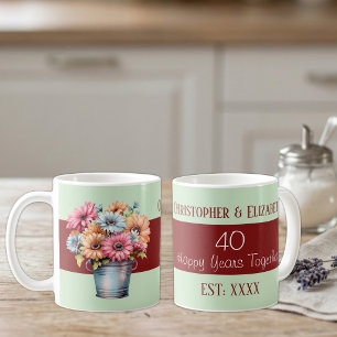 Caneca De Café 40º aniversário de rubi flores nomes verde