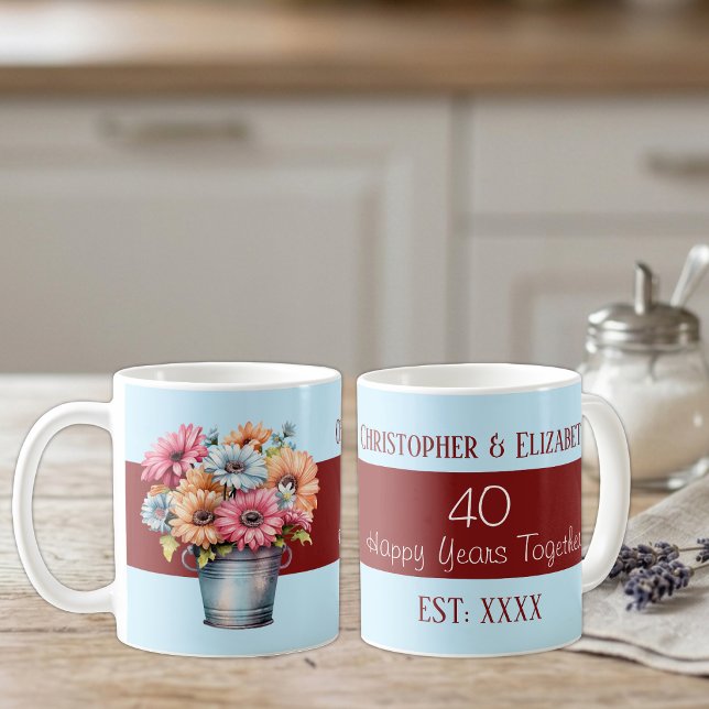 Caneca De Café 40º aniversário de rubi nomes de flores azuis (Criador carregado)