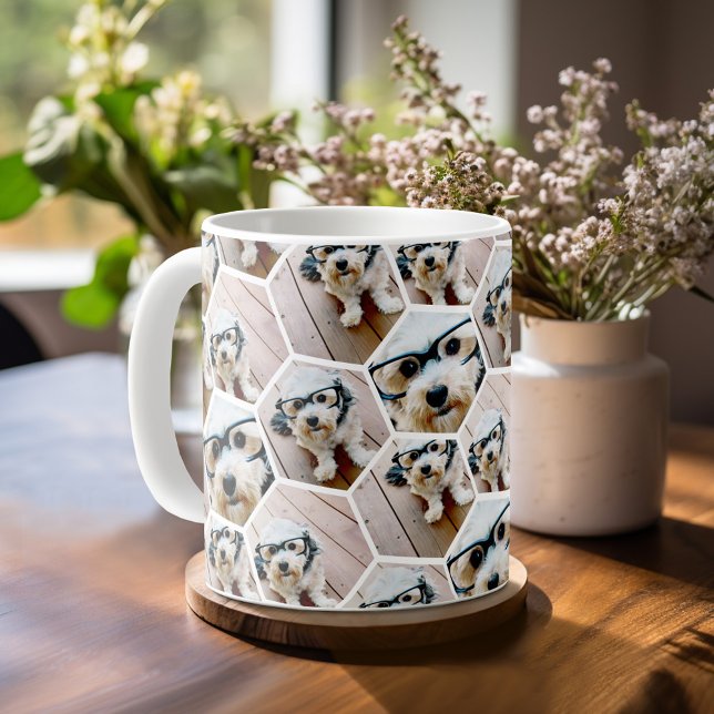Caneca De Café 4 Colagem de Fotos - padrão hexagonal funky (Mug template with a place for photos)