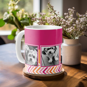 Caneca De Café 4 Colagem de Fotos Rosa Quente Laranja Chevron