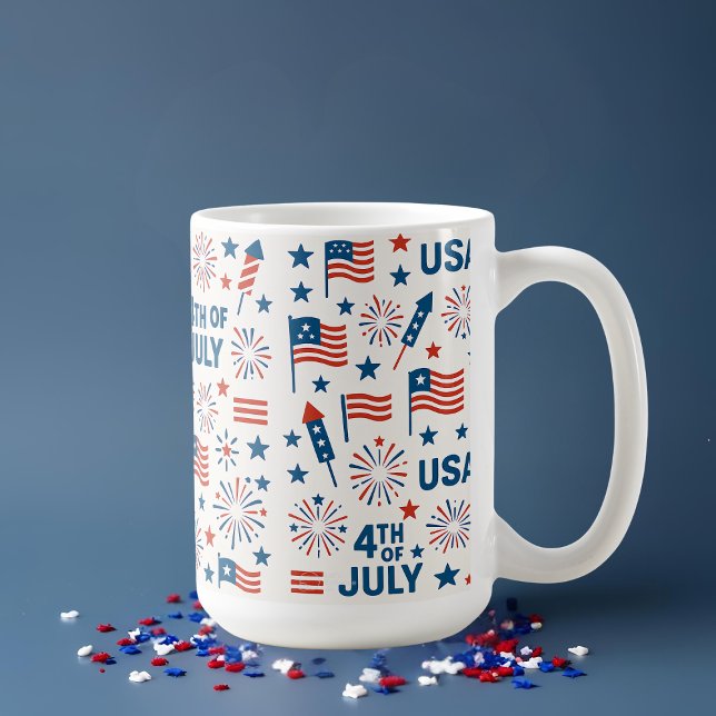 Caneca De Café 4 de julho 🇺 🇸 | Fireworks, Stars & American (Criador carregado)