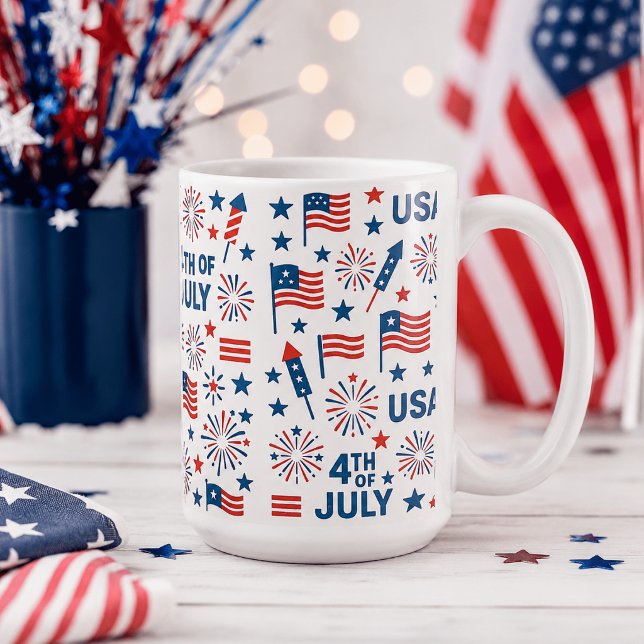 Caneca De Café 4 de Julho 🇺🇸 | Fogos de Artifício, Estrelas & A (Criador carregado)