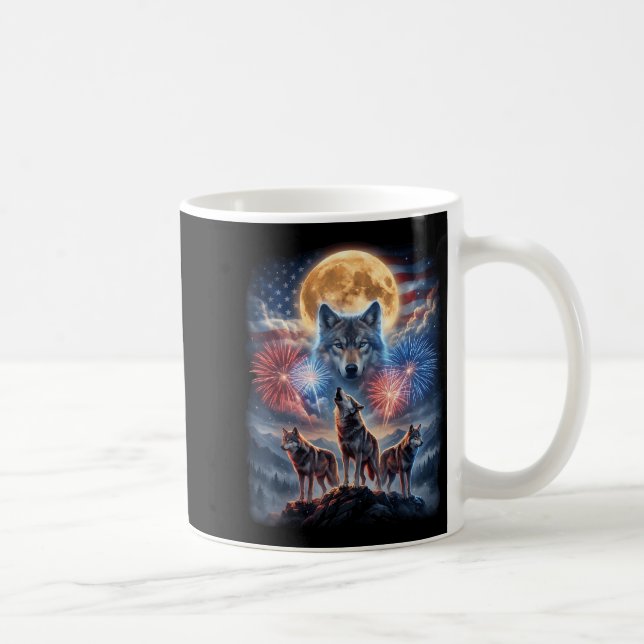 Caneca De Café 4 de Julho Uivo de Lobo na Lua Fogos de Artifício  (Direita)