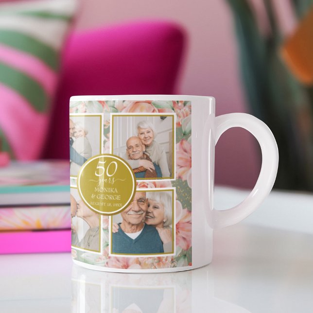 Caneca De Café 50ª Aniversário de Casamento Foto Dourada Floral (50th Wedding Anniversary Floral Gold Photo Coffee Mug)