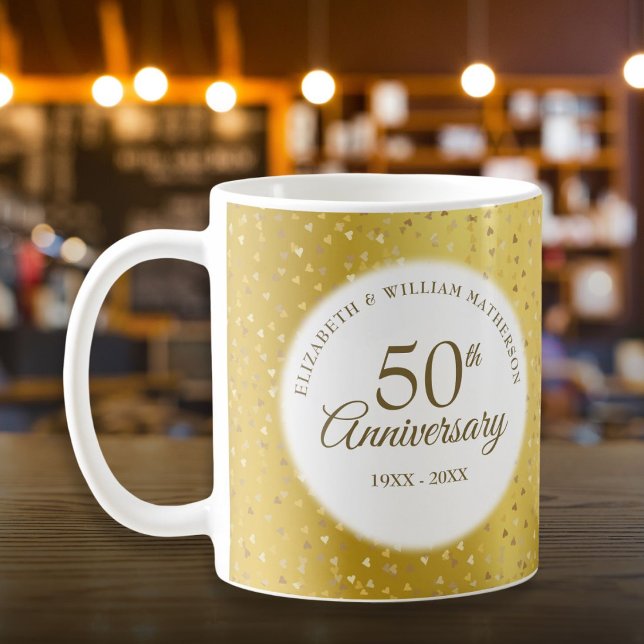 Caneca De Café 50º Aniversário do Aniversário do Ouro Foil Hearts (50th Wedding Anniversary Gold Foil Hearts Confetti Coffee Mug)