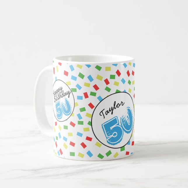 Caneca De Café 50.º Aniversário - Mug Festiva Colorida Personaliz (Frente Esquerda)