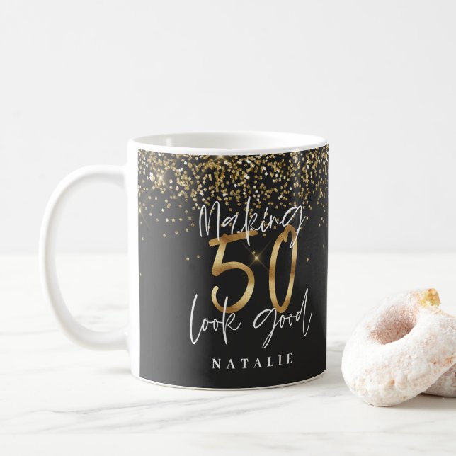 Caneca De Café 50 anos, preto brilhante moderno e ouro (Com Donut)