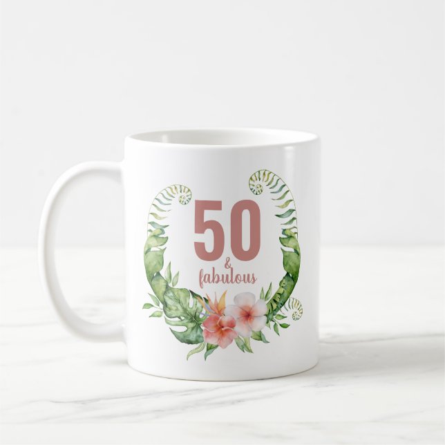 Caneca De Café 50 e fabulosa escrita rosa-rosa elegante aniversár (Esquerda)