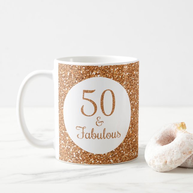 Caneca De Café 50 e fabuloso Aniversário com brilho Dourado (Com Donut)