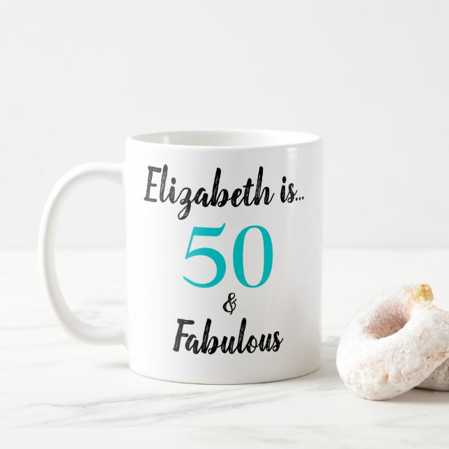 Caneca De Café 50 e Fabuloso Aniversário Preto Turquesa (Com Donut)