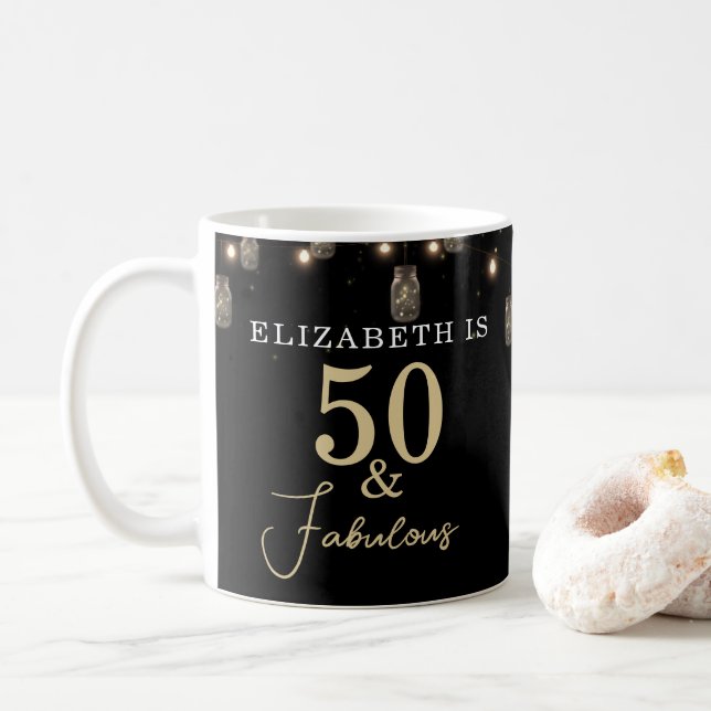 Caneca De Café 50 e preto fabuloso com luzes de cordas (Com Donut)