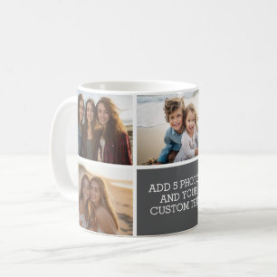 Caneca De Café 5 Colagem de Fotos com Texto - Cinza Branco Minima