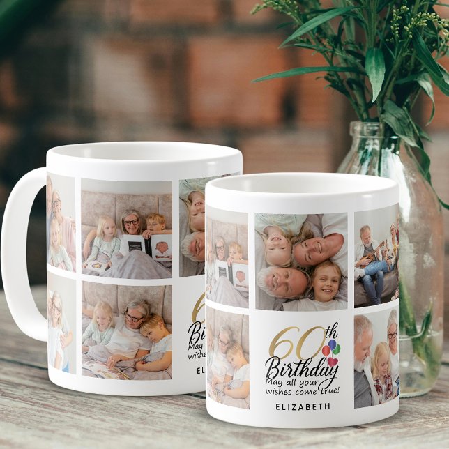 Caneca De Café 60th Birthday Photo Collage Script Typography Gold (Criador carregado)
