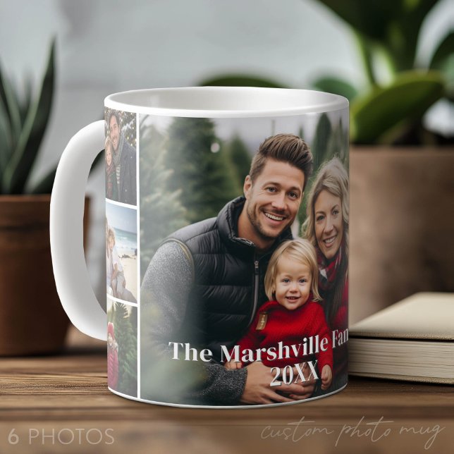 Caneca De Café 6 Colagem de Fotos com fundo branco - Texto Serifa (Photo Mug with 6 Photos)