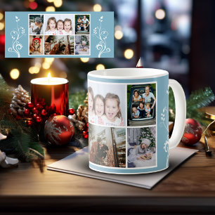 Caneca De Café 6 Colagem de Fotos Folhagem Azul Natal Família