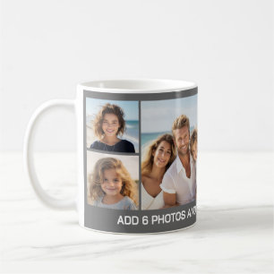 Caneca De Café 6 Colagem de Fotos - Fundo Cinza com Texto Branco
