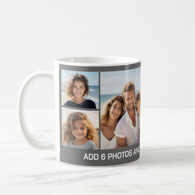Caneca De Café 6 Colagem de Fotos - Fundo Cinza com Texto Branco (Esquerda)