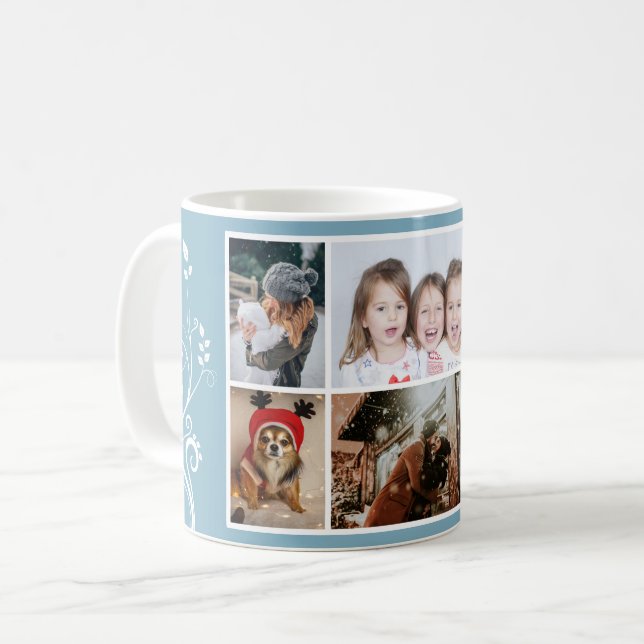 Caneca De Café 6 Fotografias Collage Foliage Blue Christmas Famil (Frente Esquerda)