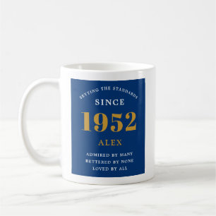 Caneca De Café 70 Aniversário Nome 1952 Chic Azul Dourado Elegan
