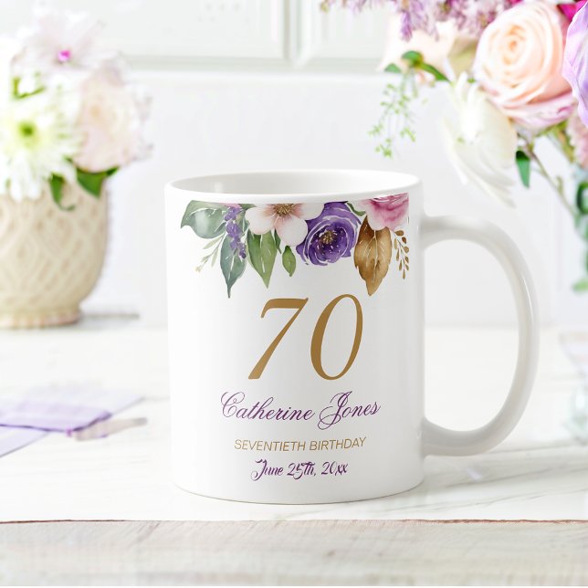 Caneca De Café 70 Birthday - Ênfase Dourada do Buquê Floral (Criador carregado)