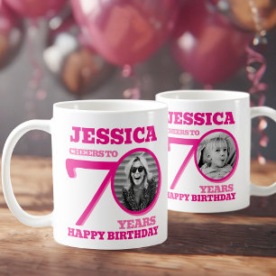 Caneca De Café 70 Birthday, texto cor-de-rosa duplo com nome de f