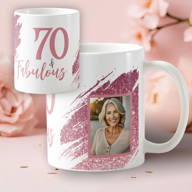 Caneca De Café 70 & Fabulous Pink Glitter 2 Photo 70th Birthday (Criador carregado)