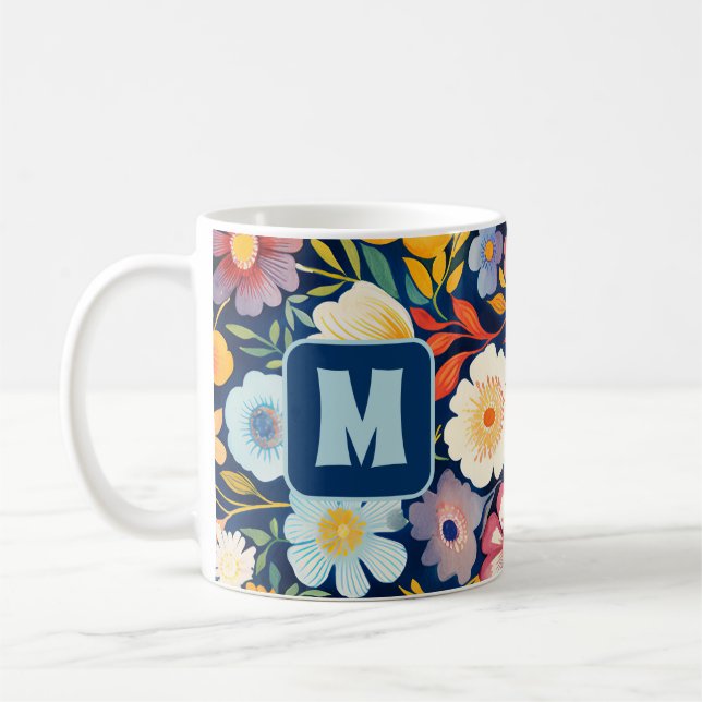 Caneca De Café 70s 60s Monograma Floral Retro Azul e Laranja (Esquerda)
