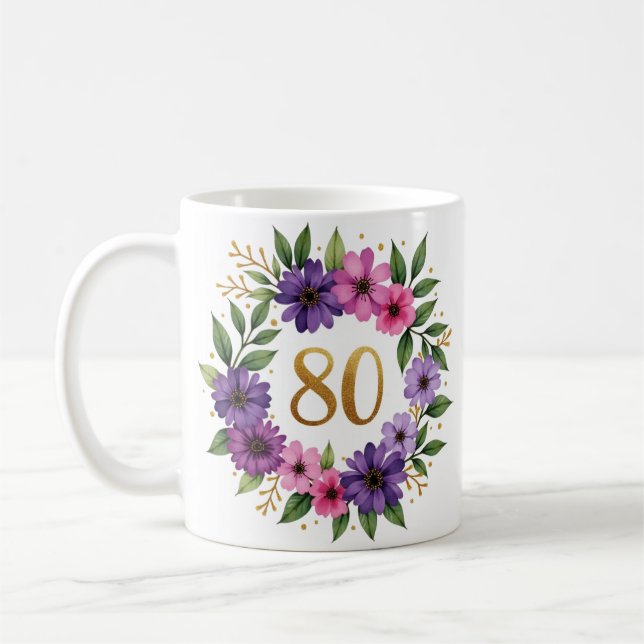 Caneca De Café 80 Birthday Mug - Fraqueza Floral com Número Doura (Esquerda)