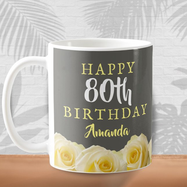 Caneca De Café 80 Floral de Flor Rosa Amarelo Aniversário (Criador carregado)