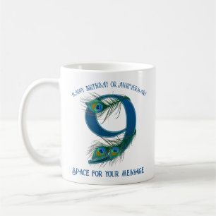 Caneca De Café 9º Aniversário Pena de Pavão Personalizável