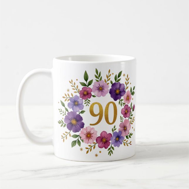 Caneca De Café 90 Birthday Mug - Fraqueza Floral com Número Doura (Esquerda)