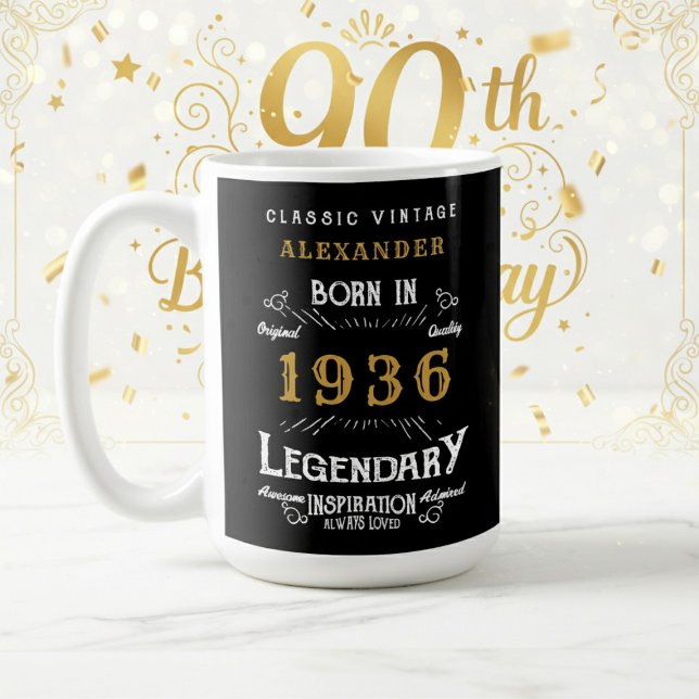 Caneca De Café 90th Birthday 1936 Legendary Retro (1936 coffee mug on a white and gold background.)