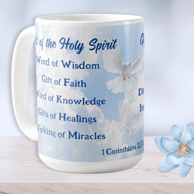 Caneca De Café 9 presentes do verso da Bíblia Espírito Santo, lis (Dove Holy Spirit, Mug. Comforting gifts for Christians. 9 gifts of the Holy Spirit List, for Pastors)