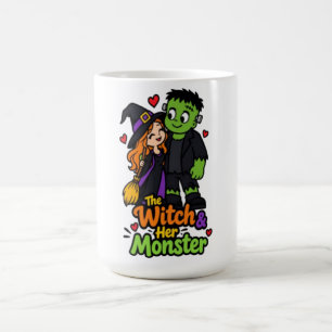 Caneca De Café A Bruxa e Seu Monstro Casal Bonito de Halloween T-