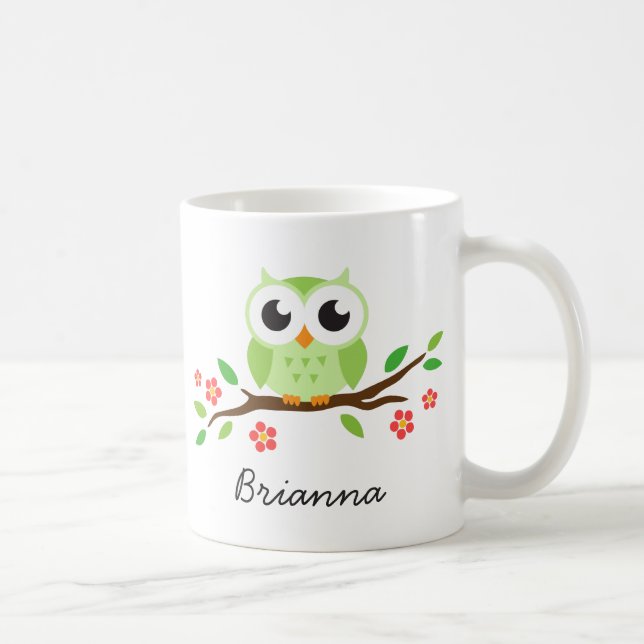 Caneca De Café A coruja verde bonito no ramo floral personalizou (Direita)