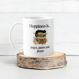 Caneca De Café A felicidade é... páginas, ronronares e paz
