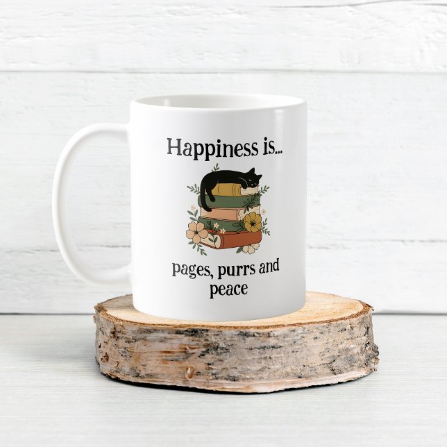 Caneca De Café A felicidade é... páginas, ronronares e paz (Happiness is... pages, purrs and peace coffee mug)