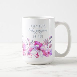 Caneca De Café A Felicidade Fica Linda em Você Aquarela Floral