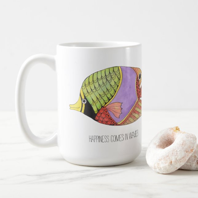 Caneca De Café A felicidade vem nas ondas de peixes (Com Donut)