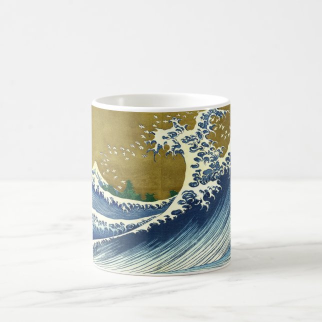 Caneca De Café A Grande Onda (Arte Japonesa Azul e Dourada, Hokus (Centro)