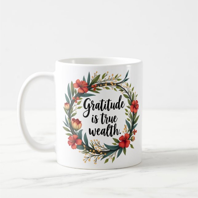 Caneca De Café A gratidão é a verdadeira riqueza Floral Wreath (Esquerda)